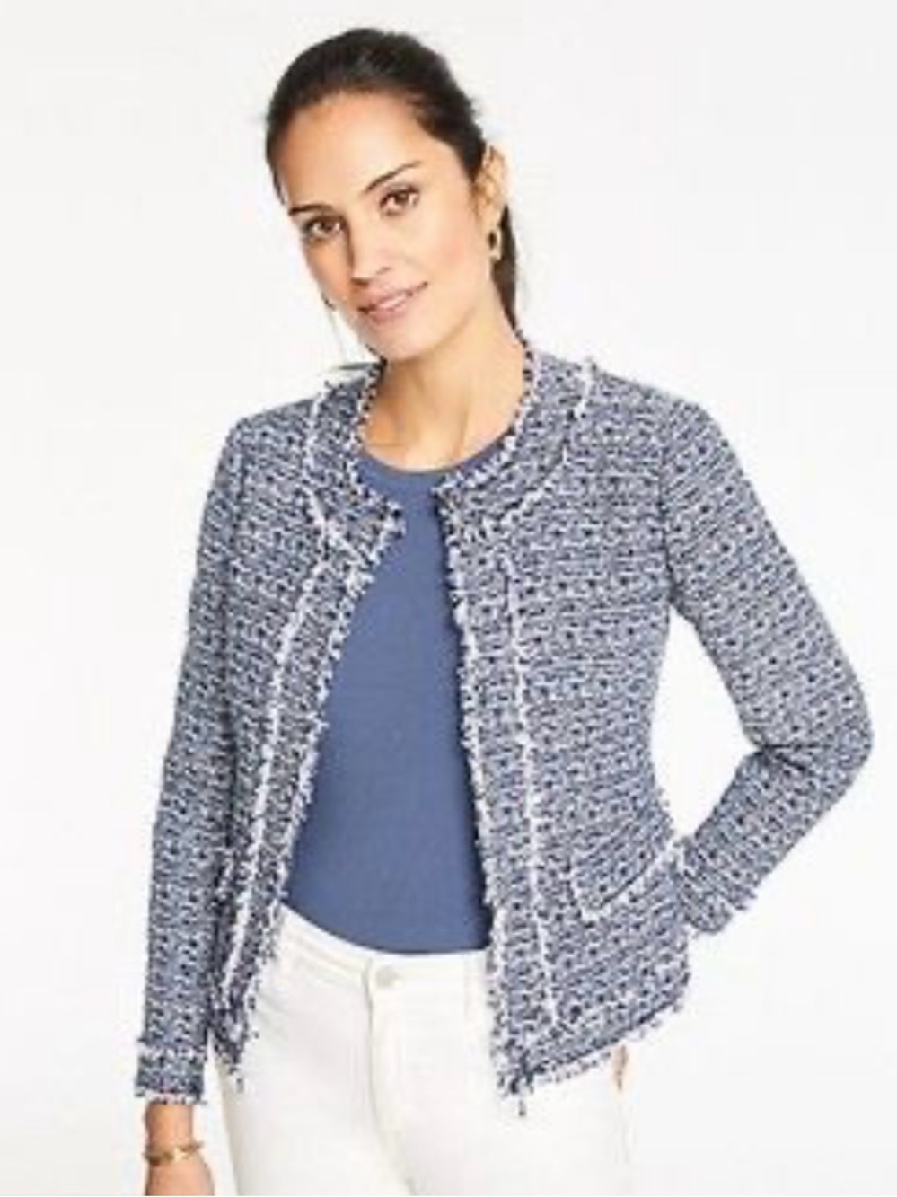 Ann Taylor Navy and Blue Fringe Tweed Blazer Size 12